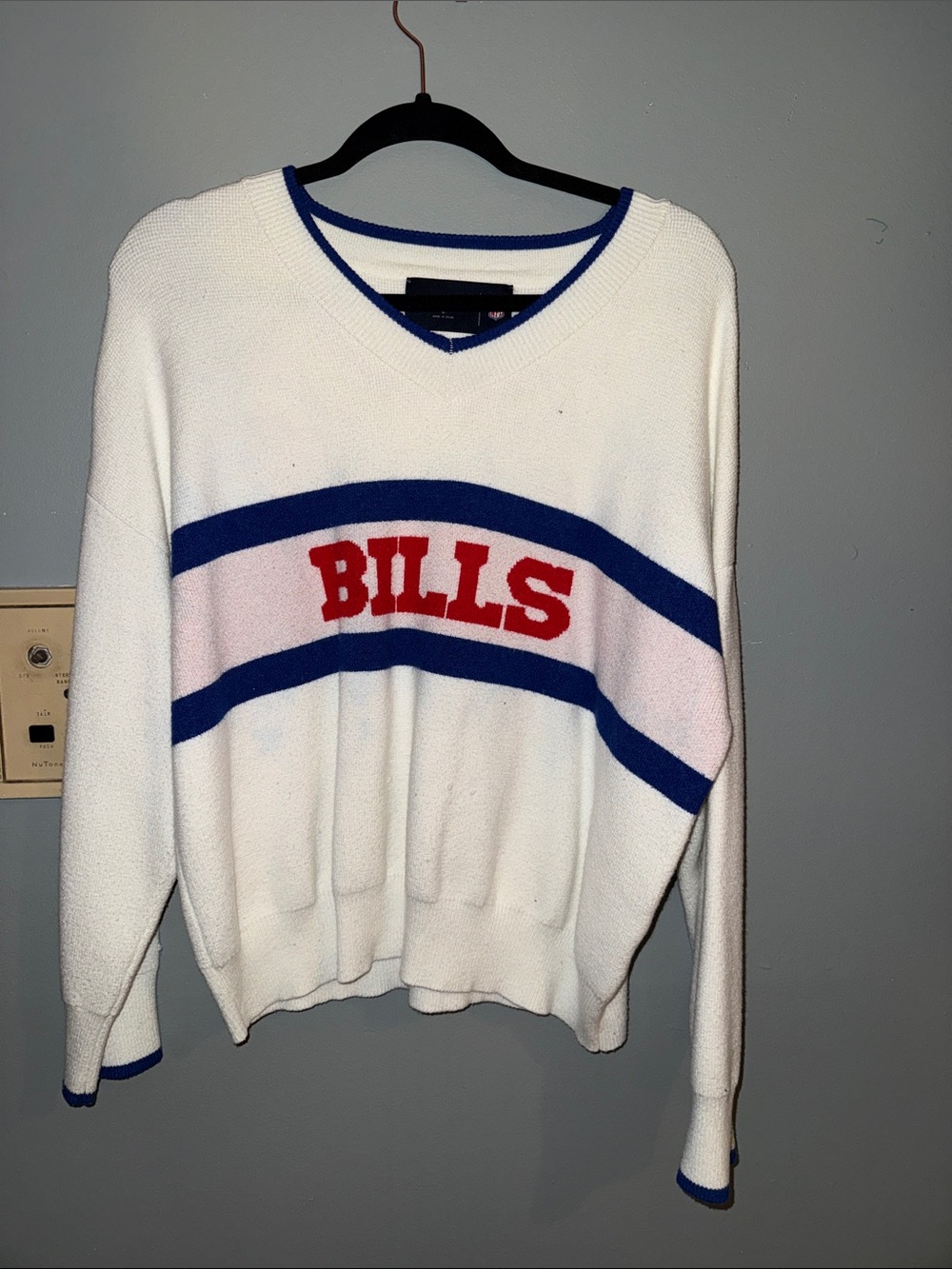 Abercrombie & Fitch White V-Neck Sweater with Blue Trim and Red 'BILLS'